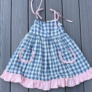 Blue Gingham Tie-Strap Sundress with Pink Ruffle Trim